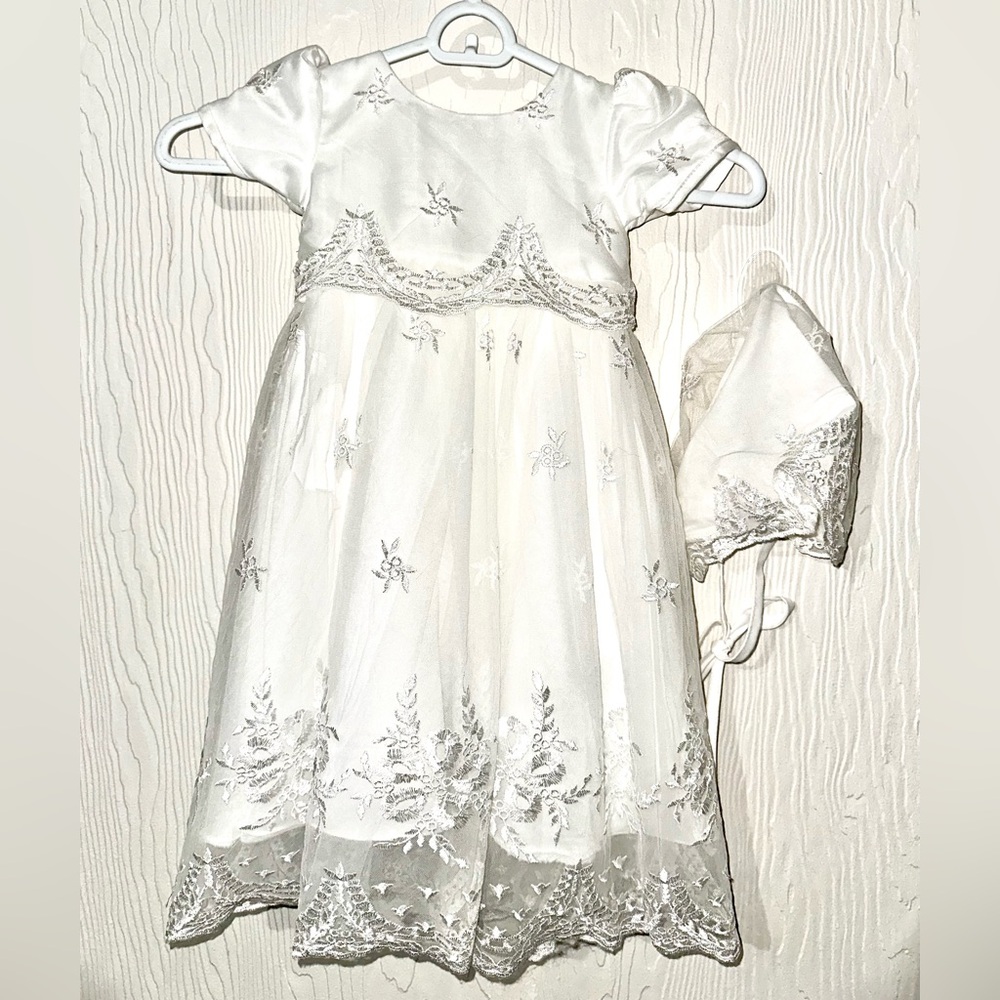Glamulice Light Ivory White Baby Girl Christening Baptism Dress w/Cap Size 18 Mo